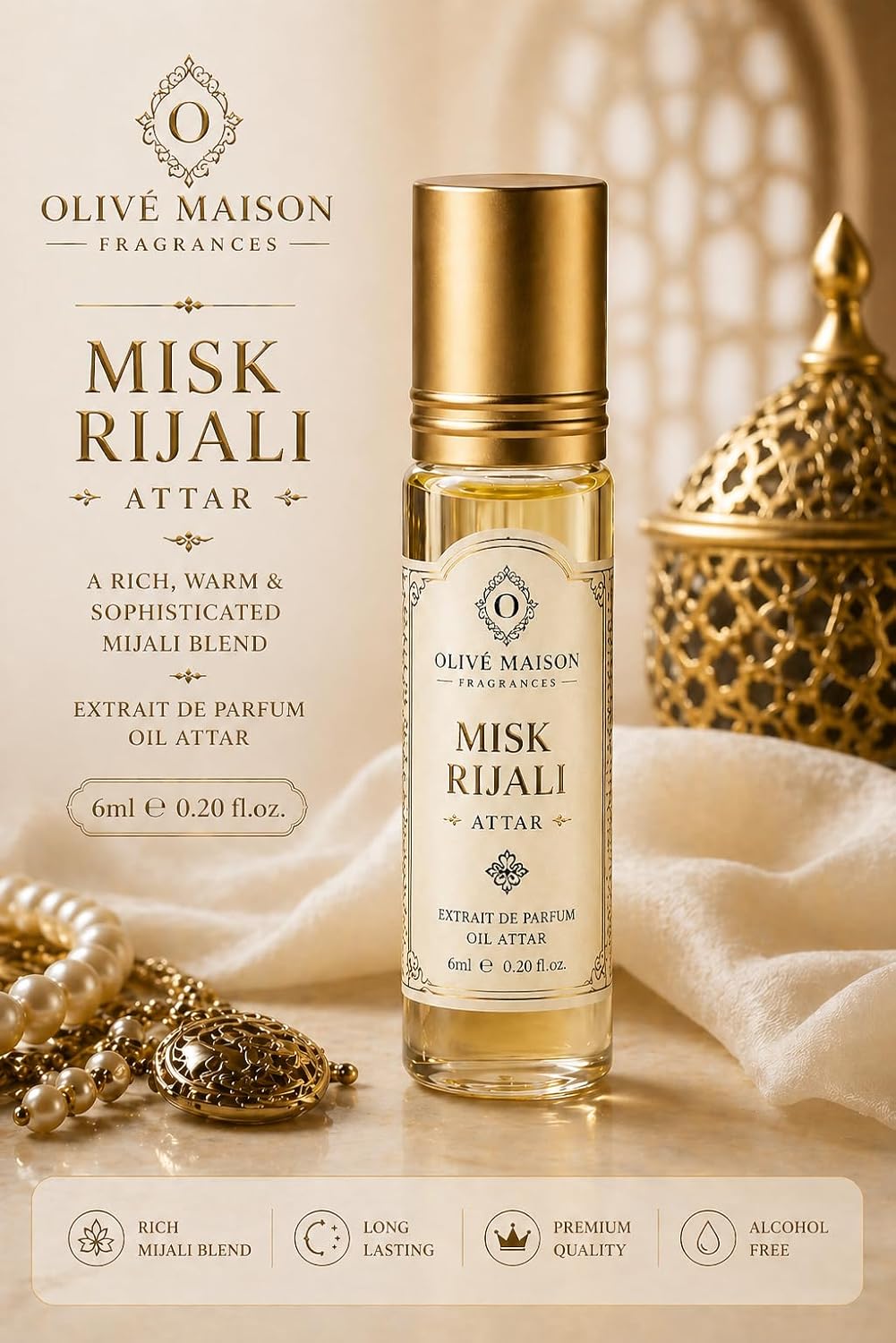 Misk Rijali Attar 6ml for Men | Long Lasting Fresh White Musk Perfume Oil | Alcohol-Free Premium Fragrance Roll-On
